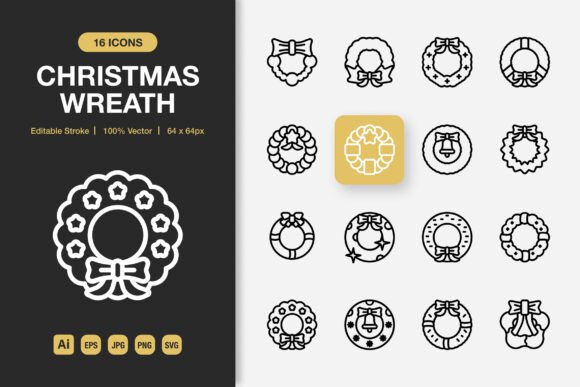 Christmas Wreath Outline Icons Graphics