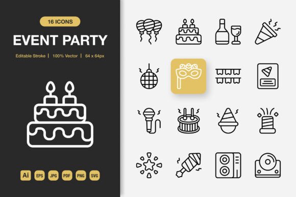 Event Party Outline Icons: A Versatile Graphic Design Asset