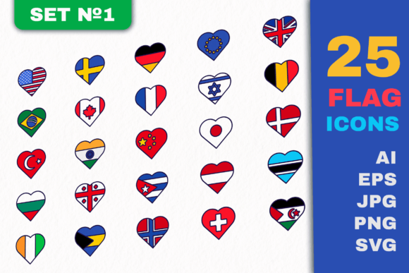 Flag Heart Icons Set: A Versatile Graphic Design Asset