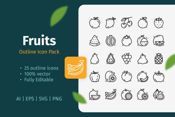 Fruits Outline Icon Pack - Clean Graphics for Commercial Use