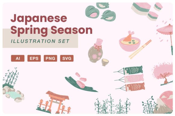 Japanese Spring Illustration Set for Website Graphics and Editorial Design