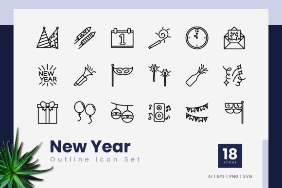 New Year Outline Icons for Graphics and Digital Products