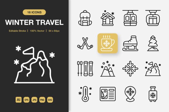 Winter Travel Outline Icons for Digital Product Creators